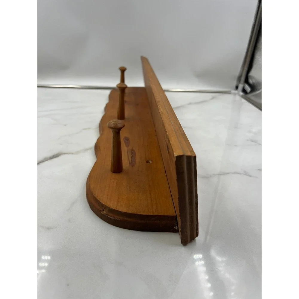 Vintage Pine Wood Wall Shelf with 3 Pegs Scalloped Edge 24 Inch Made in USA